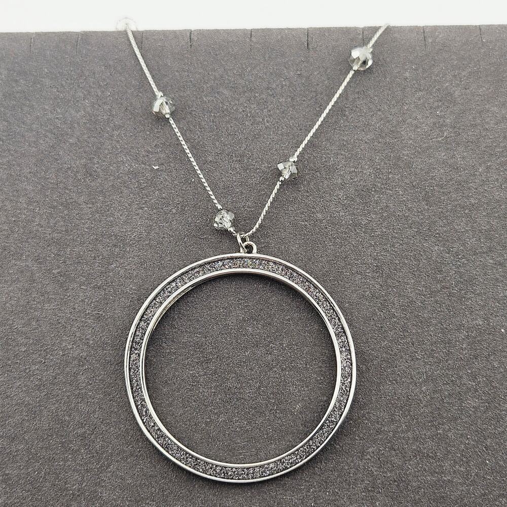 Ann Taylor Silver Tone Circular Pendant Station Necklace Dressy Crystal Sparkle